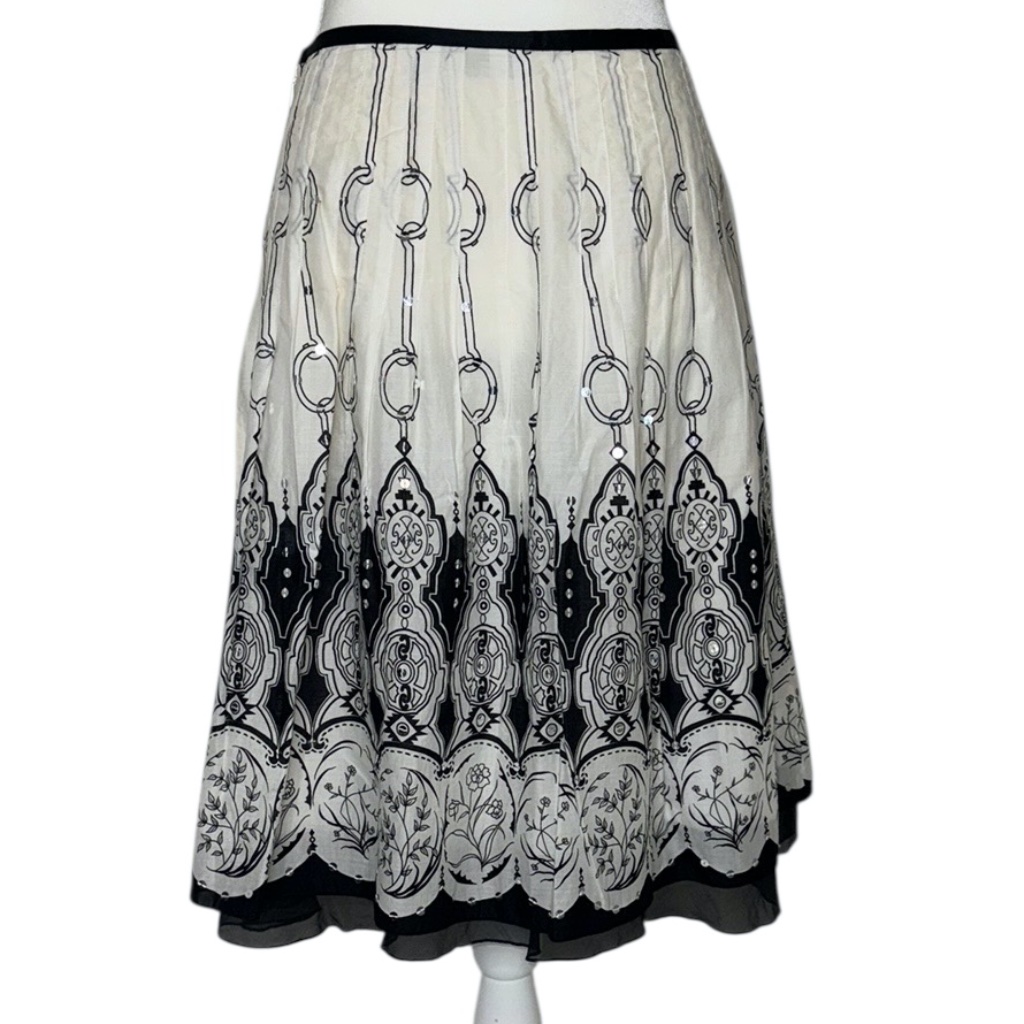 The Limited Vintage Black/White Cotton Silk Sequined Midi Skirt Boho Festival 0